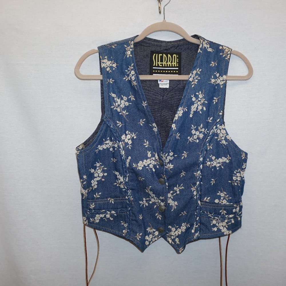 VTG SIERRA HWY denim vest floral boho laced sides Liberty Dime snaps cottagecore